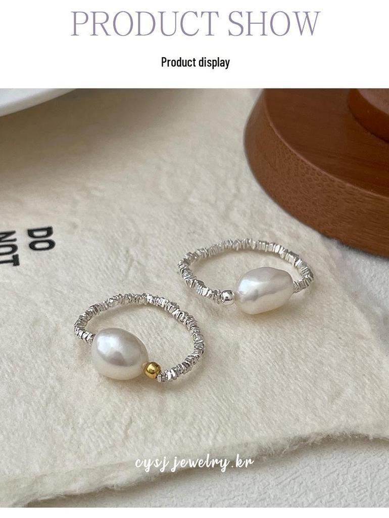 Cui Yan S925 Sterling Silver Natural Pearl Korean Style Color Block Elastic Ring for Women