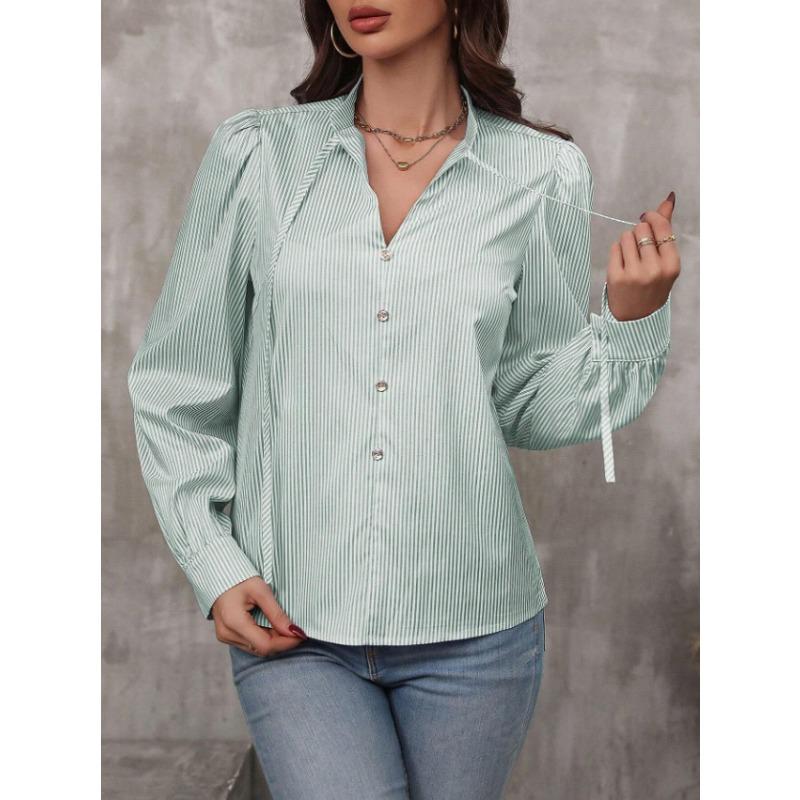 Spring and Autumn New Fashion Women's Stand Collar Tie Button Striped Long Sleeve Shirt