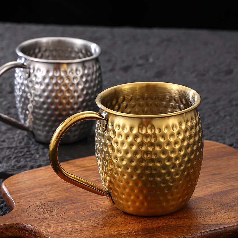 304 Stainless Steel Mug Retro Style Beverage Beer Cup with Handle Hammer Pattern Cup Tea Water Cup