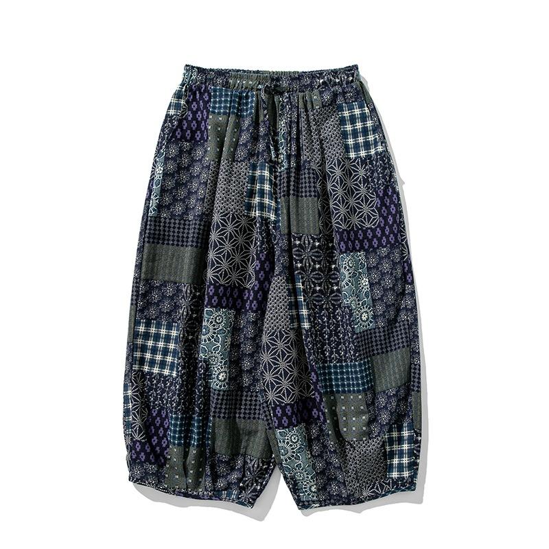 Cotton and linen summer new Chinese style men's casual trousers men's printed large size fashion wide-leg trousers