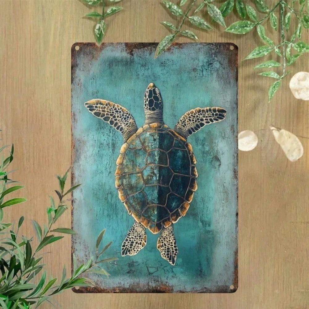 Vintage Metal Poster Sea Turtle Wall Art Beach Home Decor