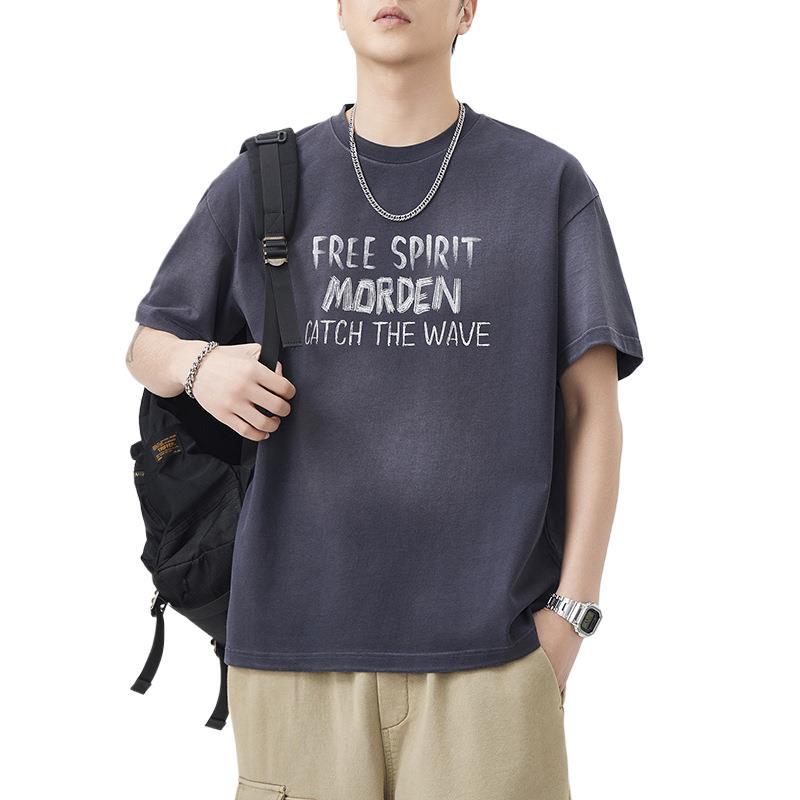 

Summer Heavy 290g Printed Wash Cotton Sleeve T-shirt Men s National Casual 4XL