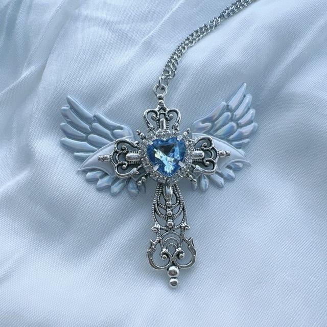 Elegant Gothic Y2k Cross Necklace With Olink Chain And Unique Angel Design Wing