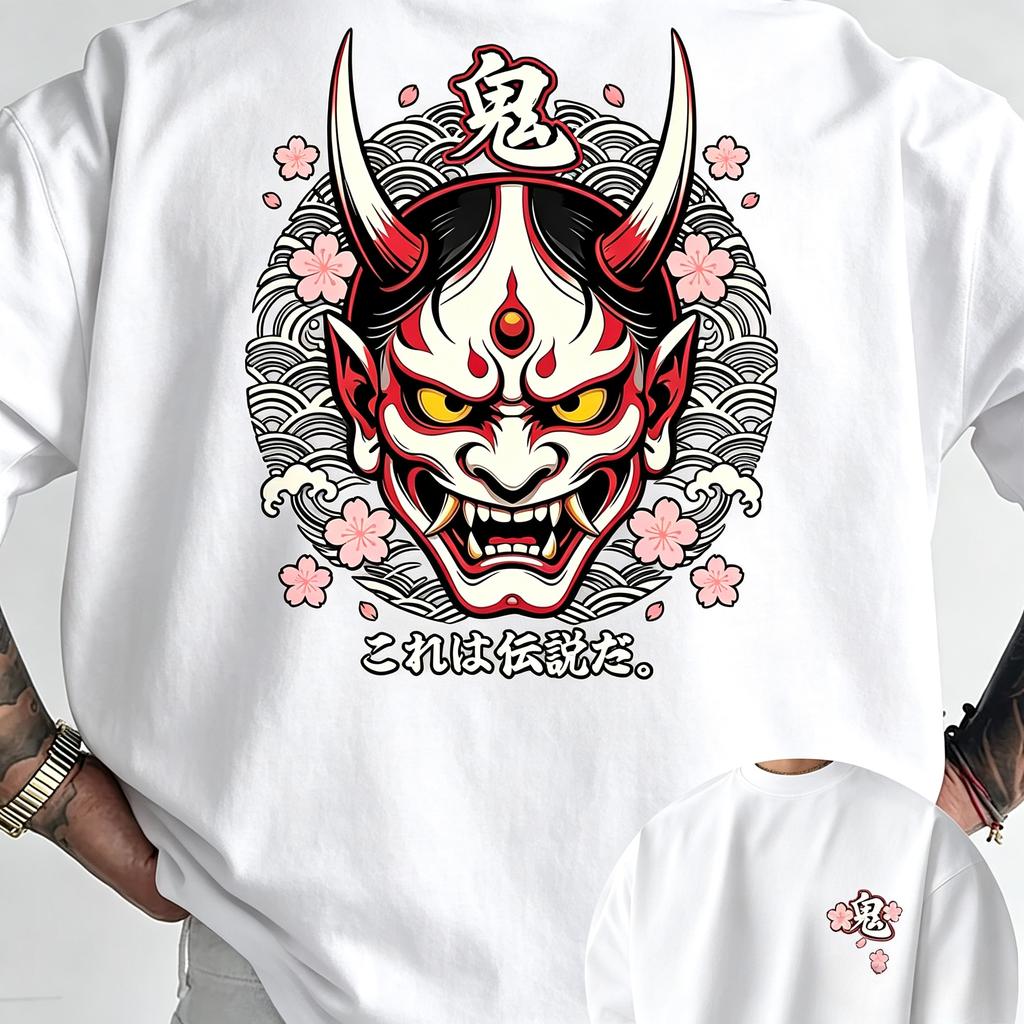 Vintage Japanese Oni Mask Double Print T Shirt Unisex Sakura Wave Art Oversized Streetwear Short Sleeve Summer Graphic Tee