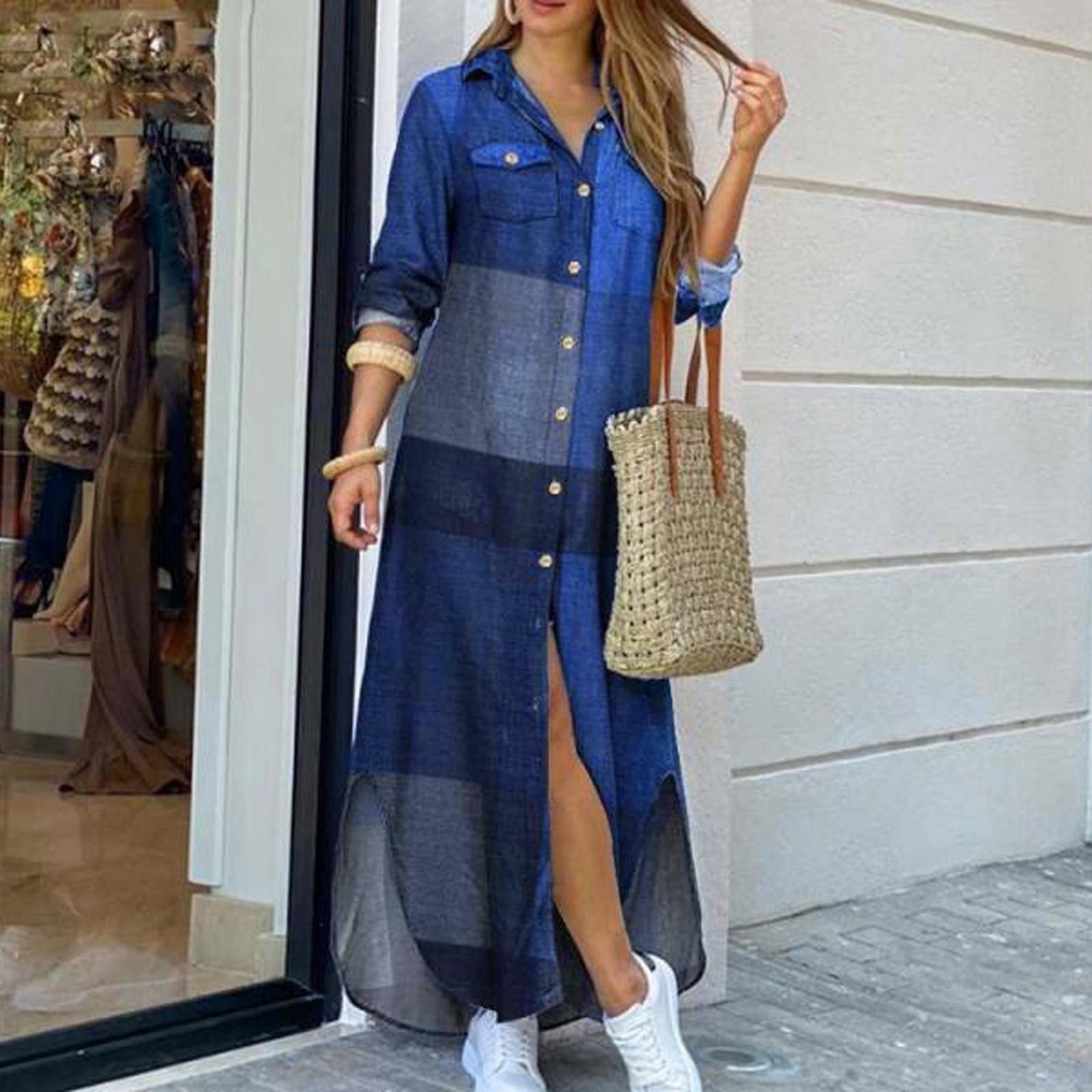 

Модное женское повседневное свободное сексуальное платье с длинным рукавом и карманом на пуговицах XXXL