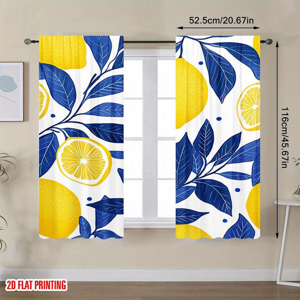 Modern Yellow Blue Lemon Print Curtains Botanical Floral Leaf Pattern Window Drapes Bright Citrus Summer Home Decor Kitchen Bath