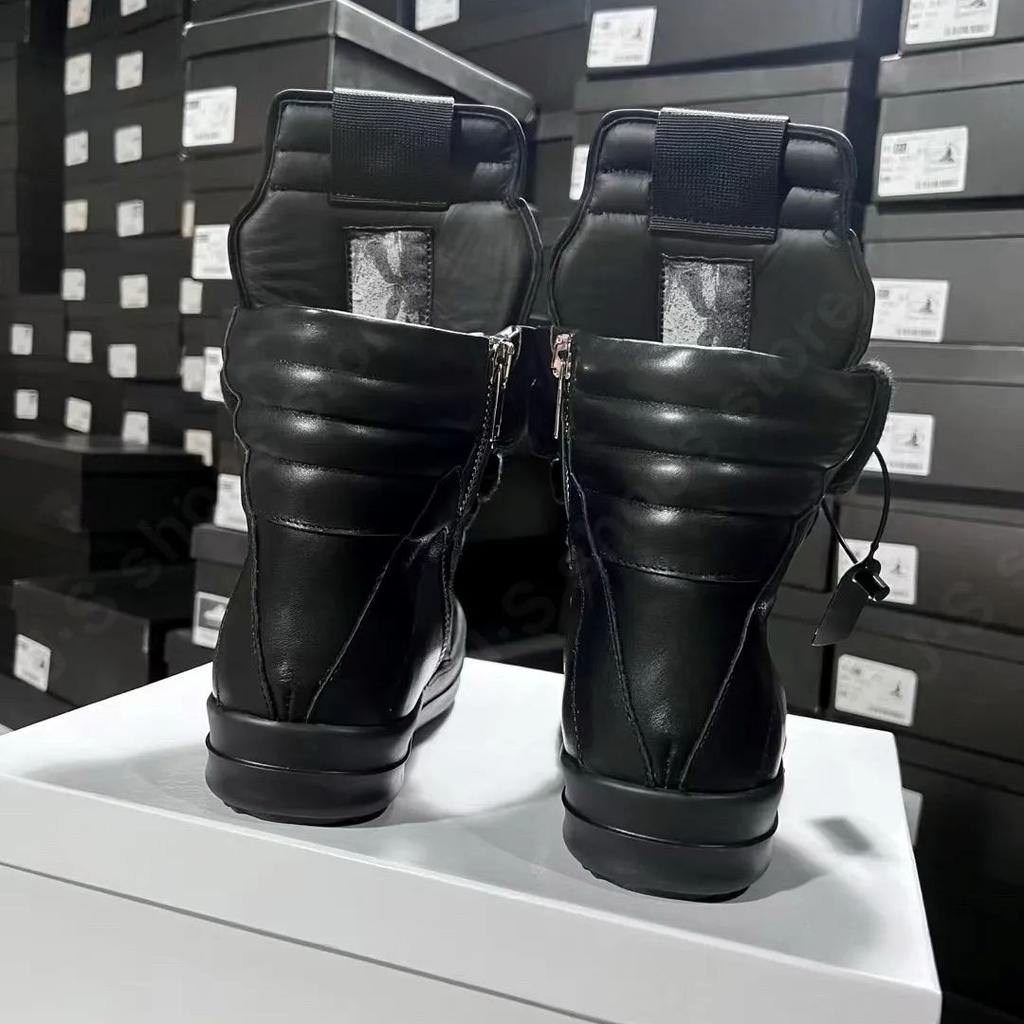 R-o Designer Men Shoe Full Black Leather Ankle Boot Sneaker High Top Casual Shoes Jumbo Laces Zipper Women Boots Flat Sneakers