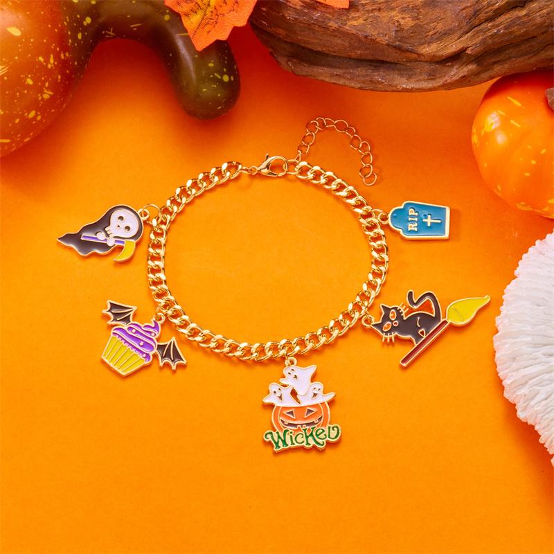 Halloween-Serie Fliegende Katze Skelett Geist Anhänger Armbänder für Damen Handgemacht Dicke Kette Charm-Armband Party Schmuck Geschenke