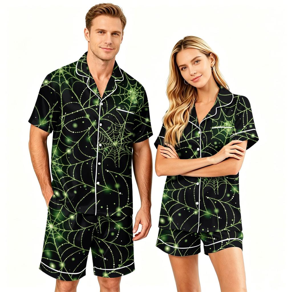 Couple Halloween Pajama Set Short Sleeve Button Down Shirt with Shorts Soft Casual Sleepwear S-XXXXL Matching Outfits for Men and Women