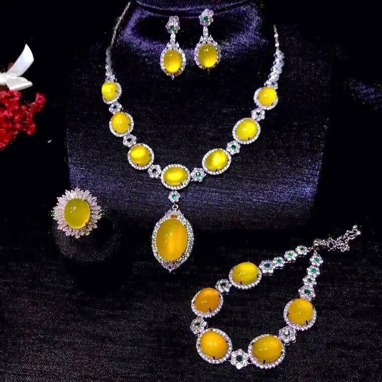 

S925 Серебряное, розовое, синее, зеленое, желтое кольцо с халцедоном, кольцо с агатом и нефритом, браслет, ожерелье, комплект украшений с кристаллами циркона и драгоценными камнями