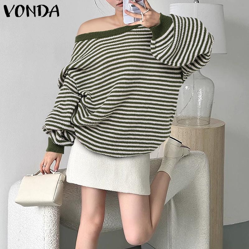 VONDA Women Jumpers Long Sleeve Striped Knitted Pullover Sweaters Knitwear