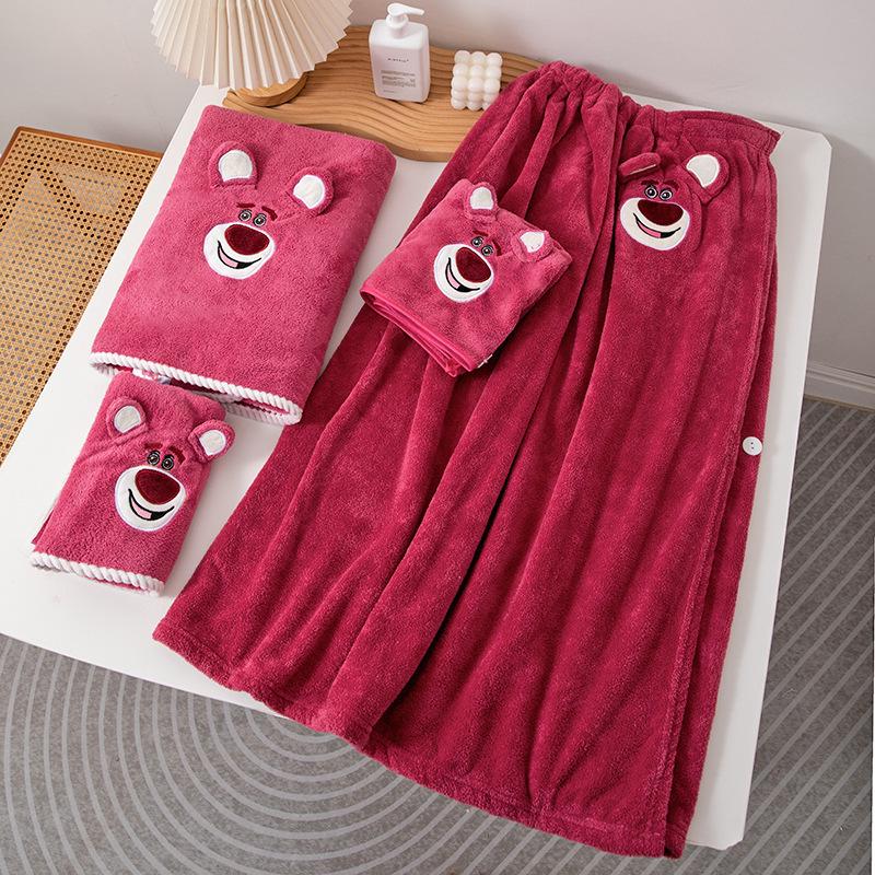 Strawberry Bear Coral Fleece Towel Set: Bath Towel, Bathrobe & Hair Drying Cap - Soft & Absorbent for Women