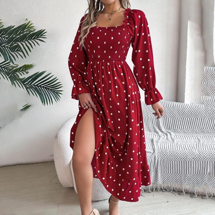Autumn Winter Women Lace Up High Waist Long Sleeve Pleated Dress Solid Dot Temperament