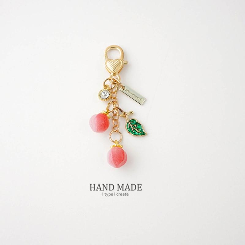 Mobile Phone Lanyard Cute Peach Fruit Phone Charm Couple Keychain Bell Orchids Flower Keyring for Keys Hangings Charm