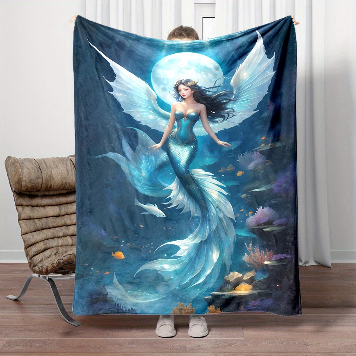 This flannel blanket features a mermaid pattern with wings and is perfect for sofas, beds, offices, travel, camping, as a Christ 130x150cm