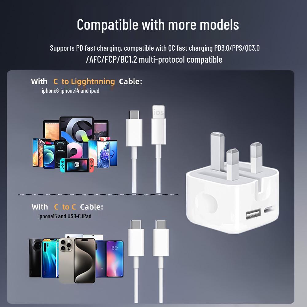 35W Dual Port A+C Fast Charger with Foldable UK Plug for Apple iPhones 8-16