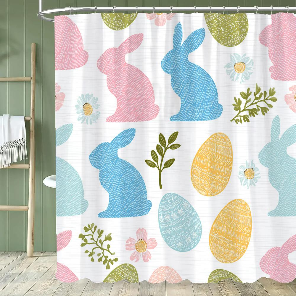 Happy Easter Shower Curtain,Egg and Rabbit Cartoon Printed Polyester Fabric Decorative Bathroom Curtain, Home Curtain with Hooks