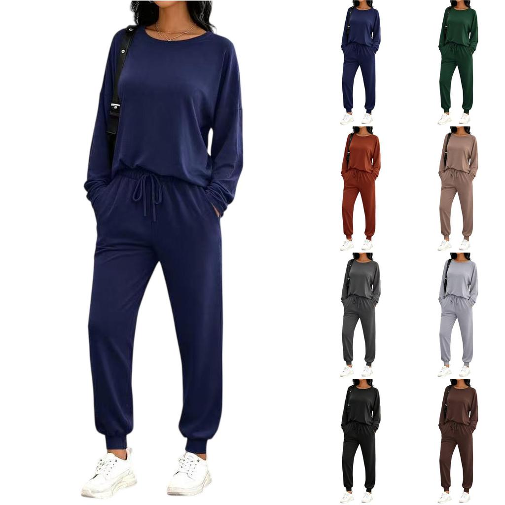 Damen Zweiteiler Langarm-Oberteil und Hose mit Kordelzug Lässiges Lounge-Outfit Weicher Stoff Lockere Passform für den täglichen Gebrauch