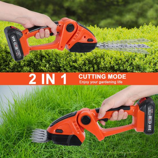Cordless Electric Hedge Trimmer, 2-in-1 Handheld Grass Shears with 2 Batteries and Charger
