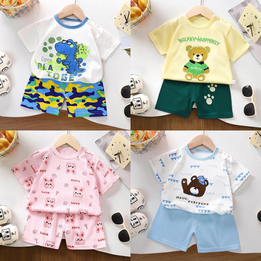 Kids Short Sleeve Cotton Set With Cartoon Pattern For Summer Play
