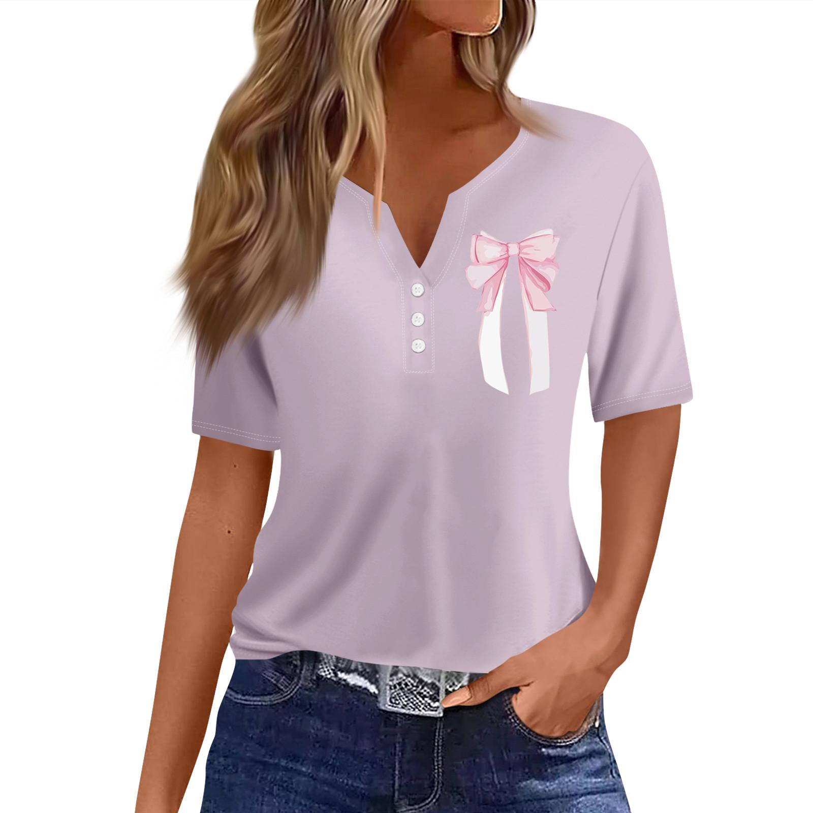 

Жіноча повсякденна футболка з V-подібним вирізом і короткими рукавами з декоративними ґудзиками XL фіолетовий