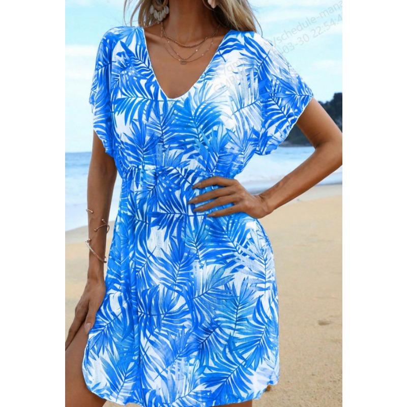 Women's Tropical Leaf Print Beach Cover Up Dress, V-Neck Sheer Swim Cover Up