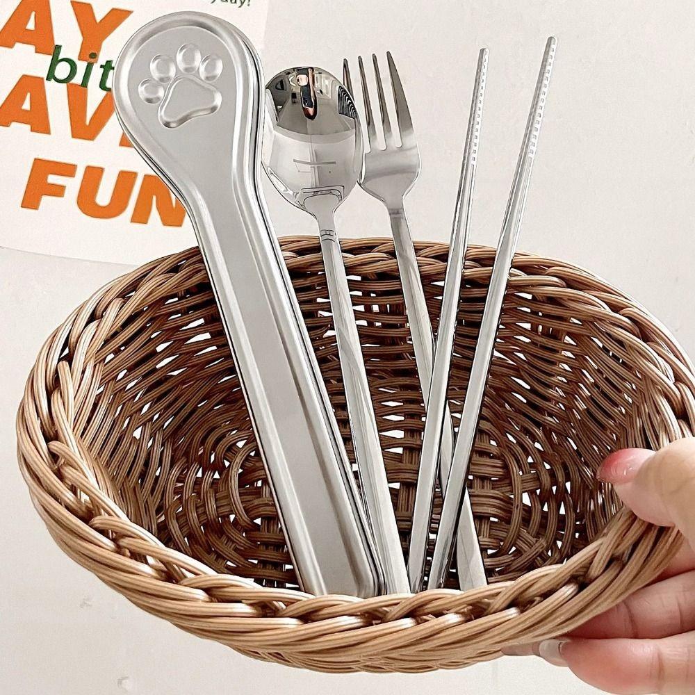 304 Stainless Steel Travel Tableware Set With Cat Paw Box Curlty Set Chopsticks Spoon Set Student