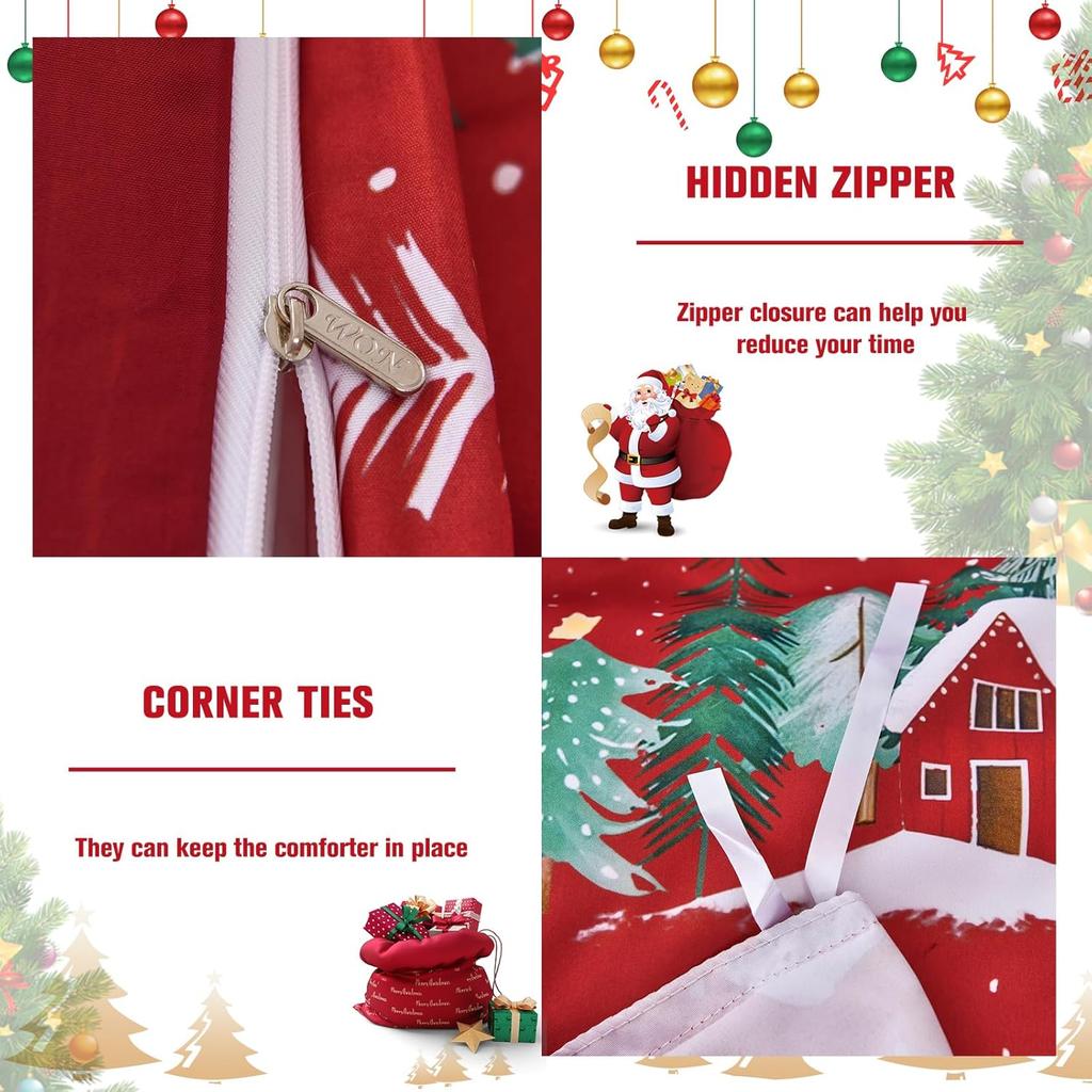 Red Merry Christmas Duvet Cover Set - Double Santa Claus & Christmas Tree Snowflake Pattern Soft Microfiber Bedding Set