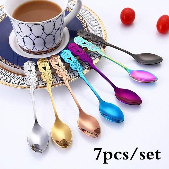 

Набор из 7 предметов Столовые приборы из нержавеющей стали 304 Ложка Ручка в виде розы Кофейная ложка Чайная Маленькая ложка Набор