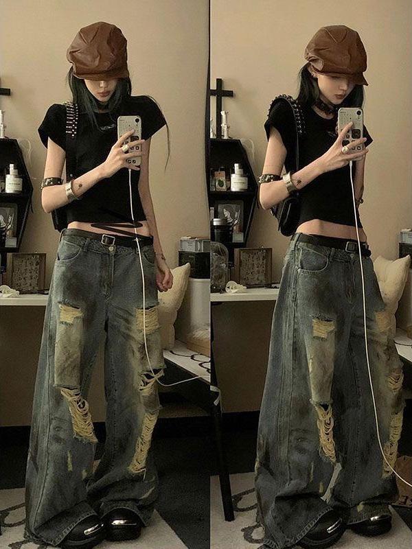 Übergröße Batik-Wasteland-Stil High-Waist Cut-Out Ripped Wide Leg Jeans für Damen