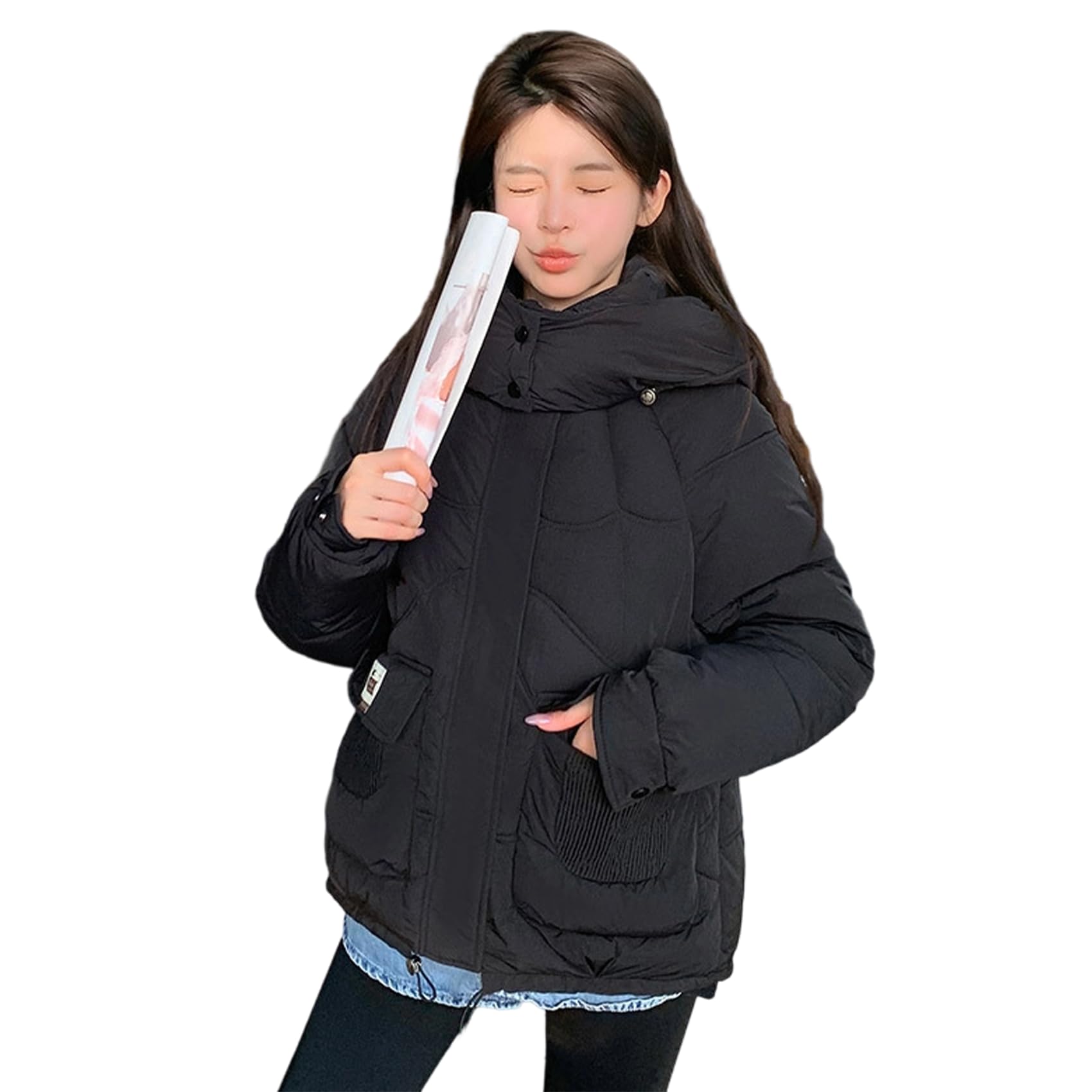 

inotenka Down Short Outerwear for Fall and Loose Korean Perfect for Commuting and School Women s Jacket, Padded, Hooded, Length, Winter, Warm, Thick, чёрный