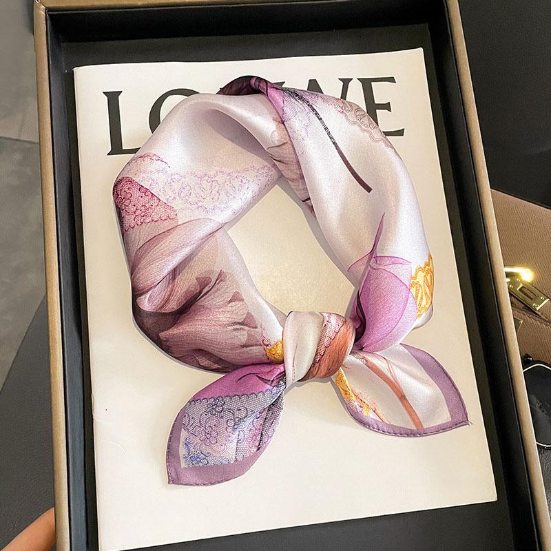 100% Pure Silk Scarf Women Hair Fashion Foulard Square Small Headband Hijab Print Poncho Scarves Bandana 53Cm