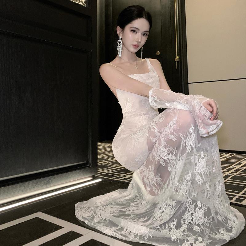 Vintage Light Wedding Dress Lace Mori Suspender Bridal Morning Robe Women's Engagement Banquet Birthday Dress Fishtail Go Out Gauze Skirt