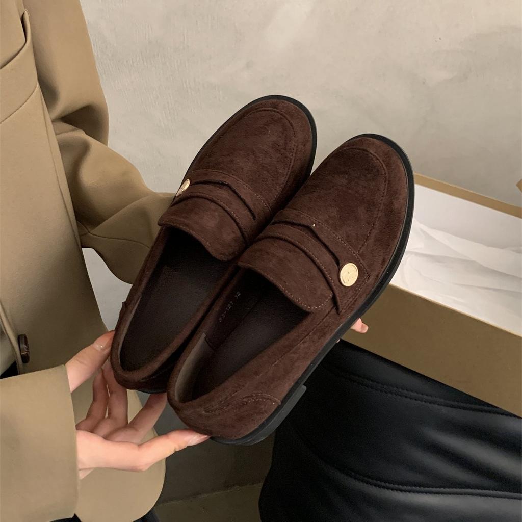 British small leather shoes women's 2025 spring new Korean version French round head retro commuter one pedal thick heel loafers