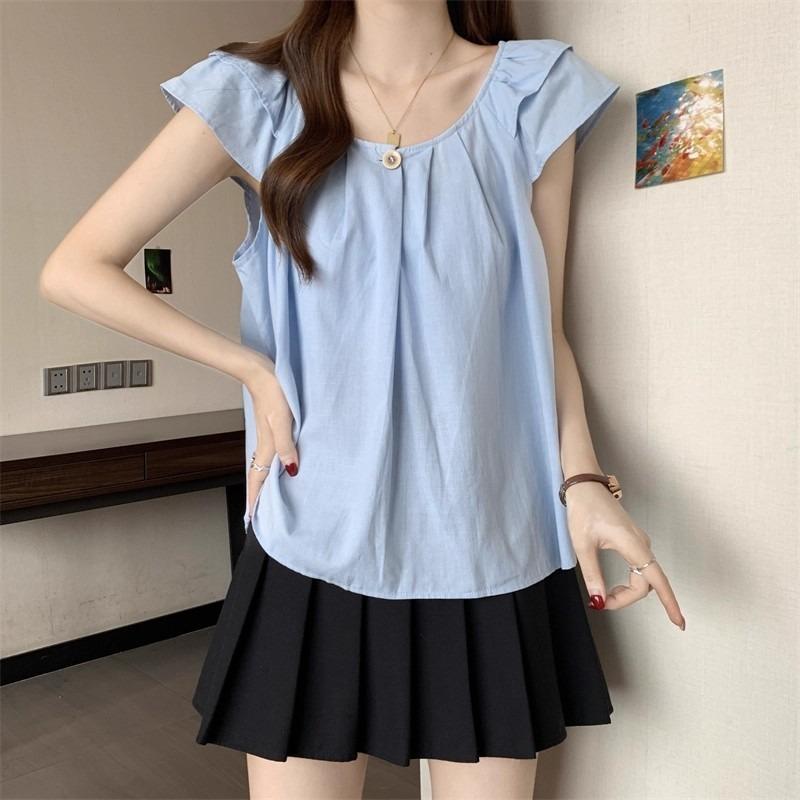 Women Summer New Loose Fit Blue Pleated Baby Doll Ruffle Sleeve Casual Blouse Shirt