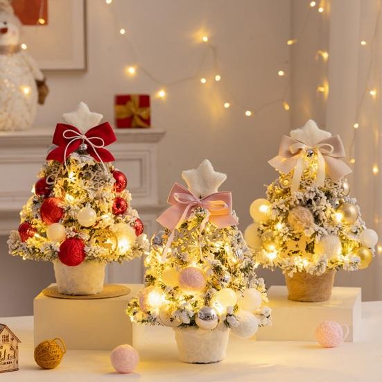 Mini Snow Flocked Christmas Tree Tabletop Artificial Christmas Tree with LED Lights Small Pine Tree with Balls And Bow for Desk Windowsill Decor