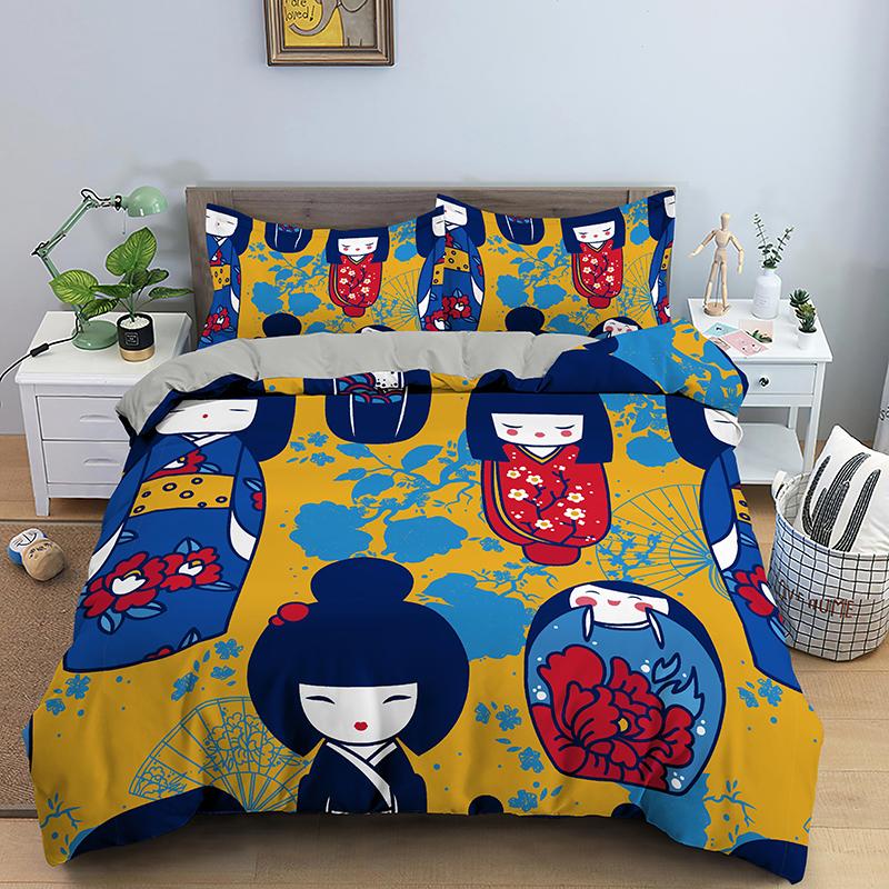 Japanese Doll Printed King Queen Duvet Cover Cartoon Lucky Cat Bedding Set For Kids Girls Fan White 2/3PCS Polyester Quilt Cover