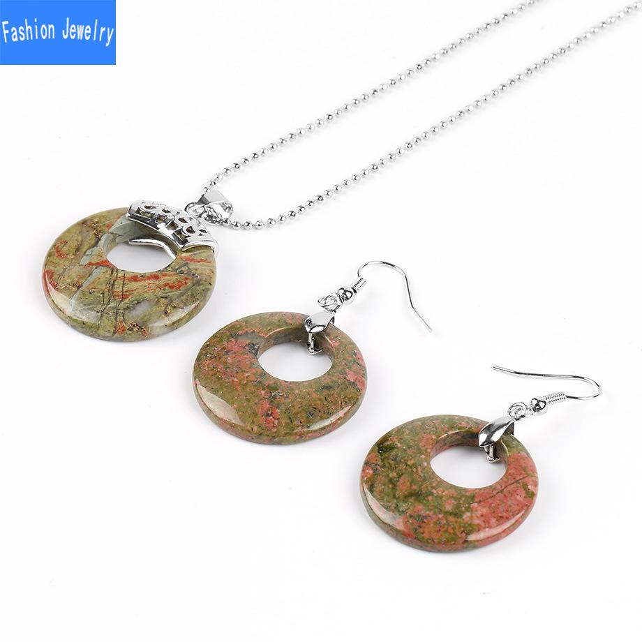 Damen Naturstein Hohl Konzentrisch Rund Set Blume Grün Weiß Kristall Tigerauge Stein Ohrring Halskette Set