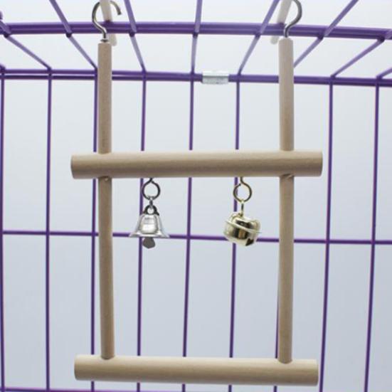 Pet Bird Parrot Wood Bell Stand Holder Hanging Swing Cage Molar Play Chew Toy