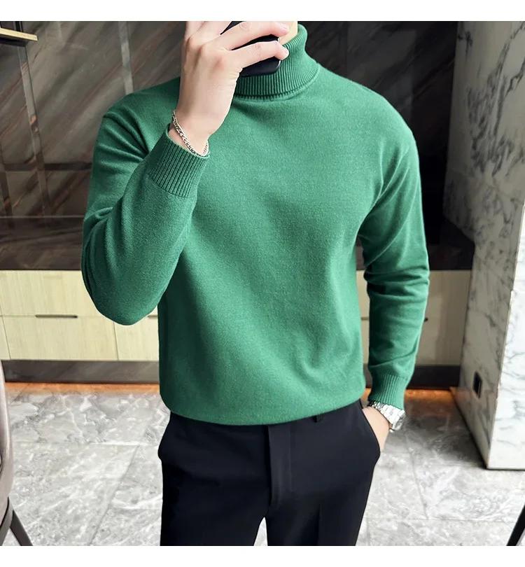

2024 Корейский свитер с высоким воротом, высококачественный, осень-зима, однотонный, с длинным рукавом, теплый вязаный свитер, роскошный мужской эластичный трикотаж 4XL зелёный