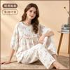 Crew neck pajamas cotton double-layer crepe five-quarter sleeves women's summer and autumn thin trousers cartoon pajamas loose and