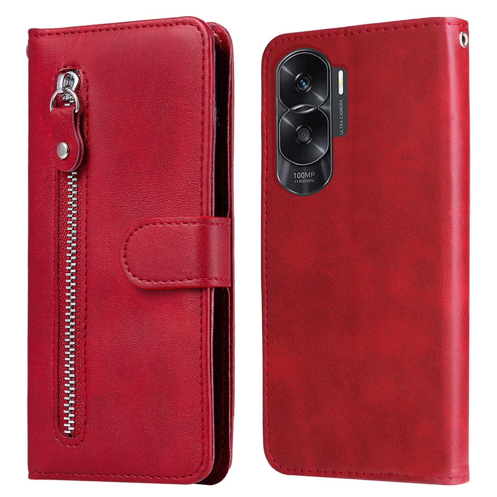 

For Honor X50i 5G/90 Lite 5G Zipper Pocket Phone Case Stand Shell Calf Texture Dustproof Wallet Smartphone Cover Red