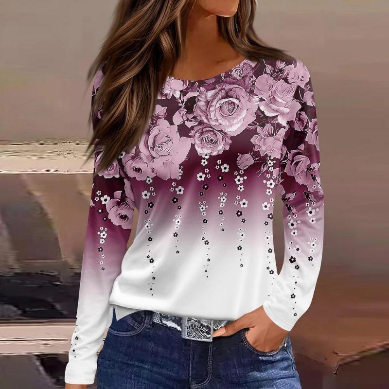 Autumn Women's T-shirt 3D Floral Butterfly Print Fashion Long Sleeve Round Neck Regular Tops Holiday Weekend Spring and Autumn Clothing