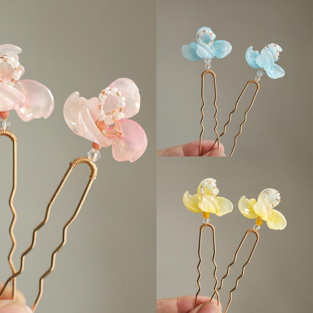 Chinesische Tempel-Haarnadeln im Tang-Stil: Glasblume U-förmige Haaraccessoires für Hanfu-Kostüme und Feen-Make-up