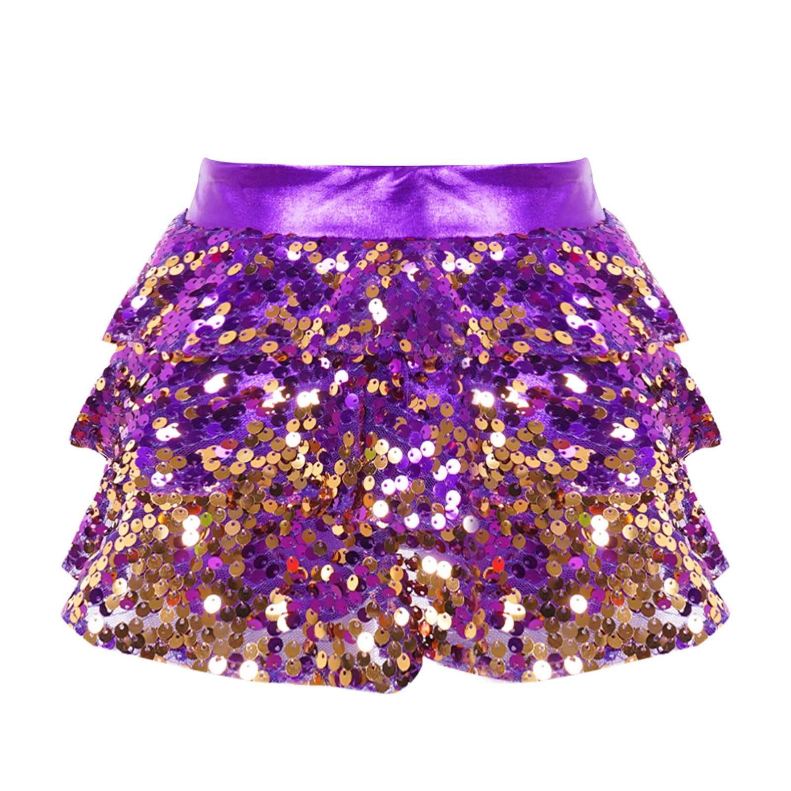 Girls Shiny Sequins Tiered Ruffle Skirted