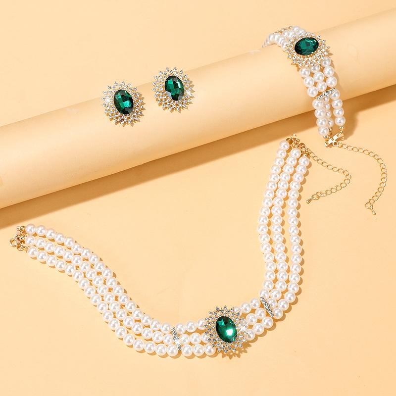 

Pearl bride choker collarbone chain water drop multi-layer imitation pearl rhinestone necklace bracelet set зелений