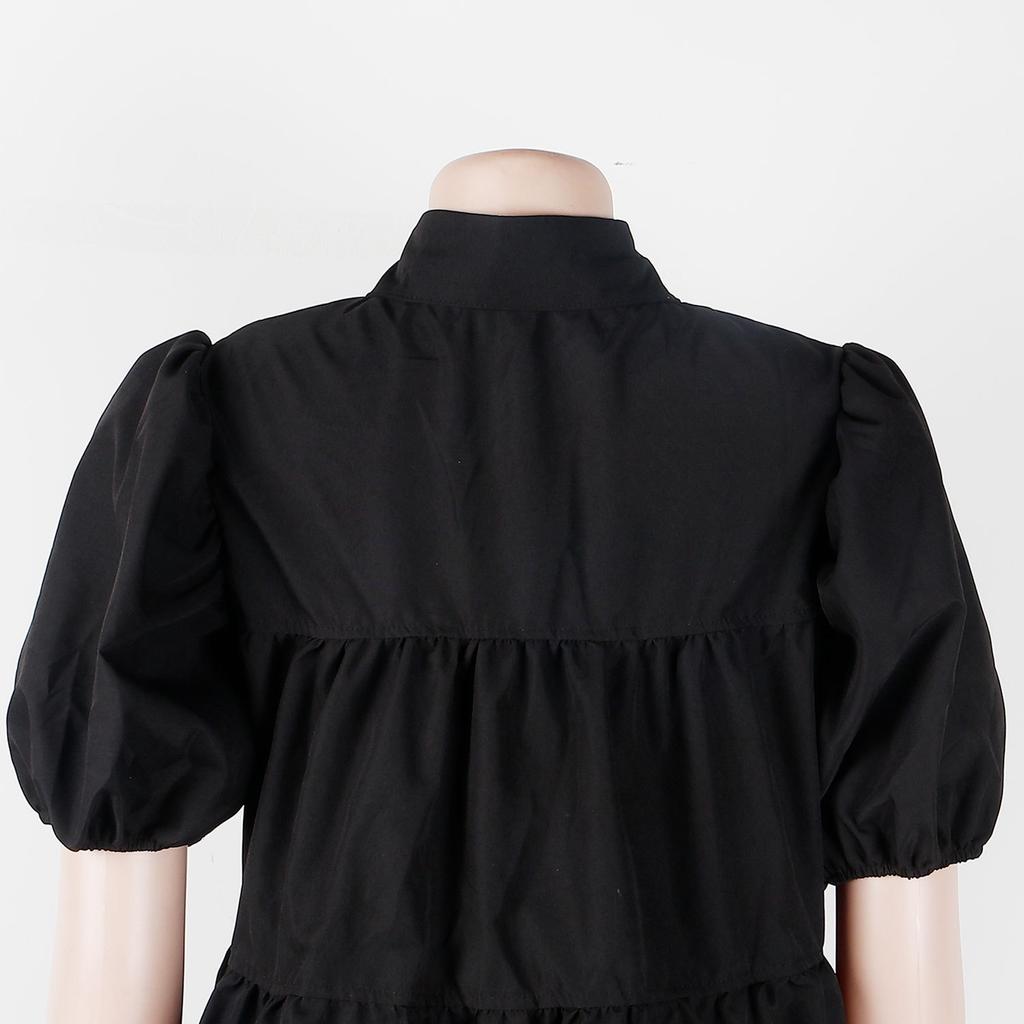 Women's Summer Fashion Solid Color Casual Loose Dress Puff Sleeve Button Doll Collar Skirt
