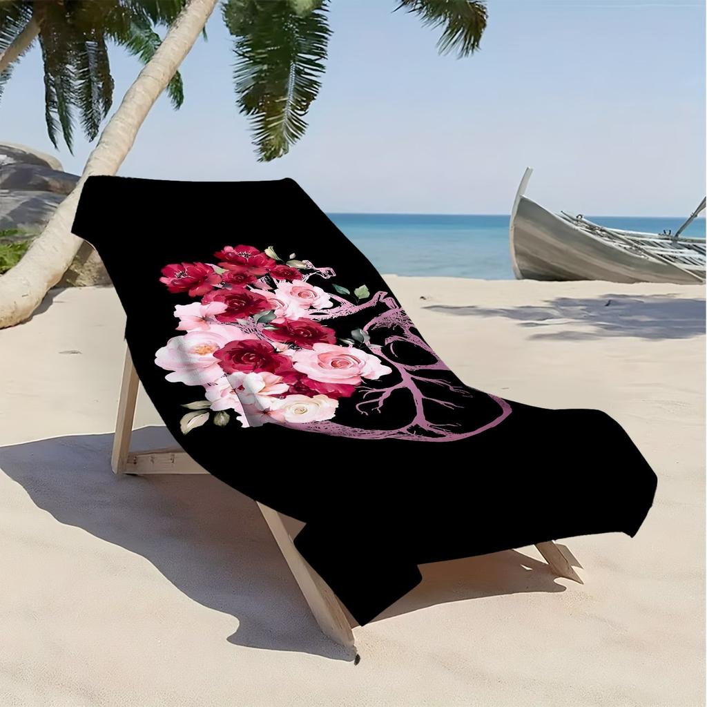 Elegant floral and heart pattern style polyester microfiber beach towel is highly absorbent, suitable for swimming beach outings