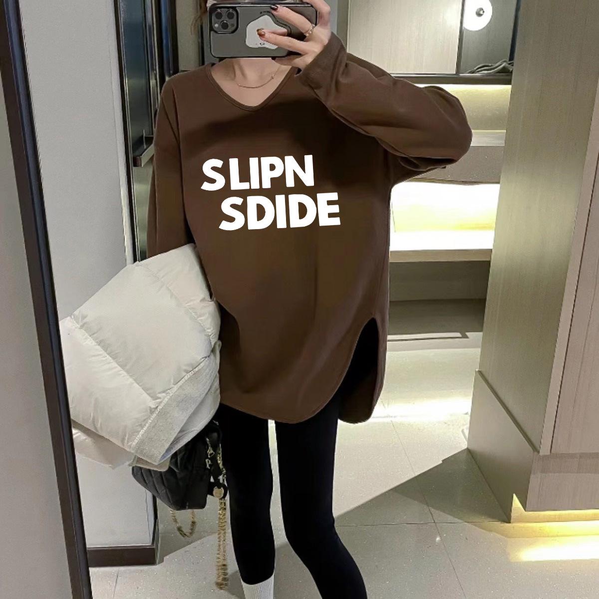 

Женская белая футболка средней длины с V-образным вырезом из дралона с длинными рукавами - Начес с внутренней стороны для осени/зимы XXL