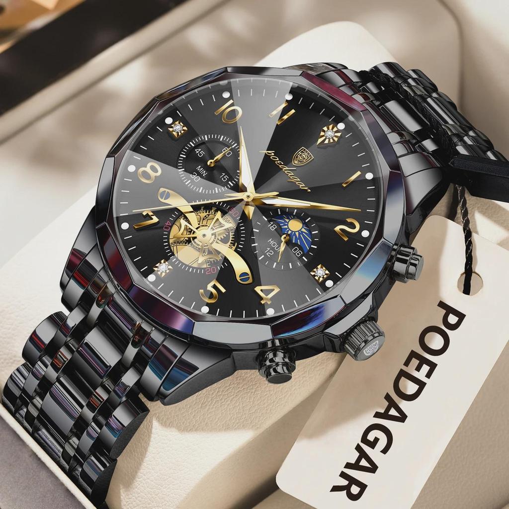 POEDAGAR Exquisite Business Men Watch Waterproof Luminous Chronograph Luxury Man Watches Stainless Steel Men's Quartz Wristwatch